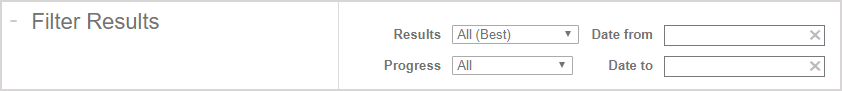 The Filter Results pane contains the "Results" drop-down list, "Progress" drop-down list, "Date from" field, and "Date to" field.